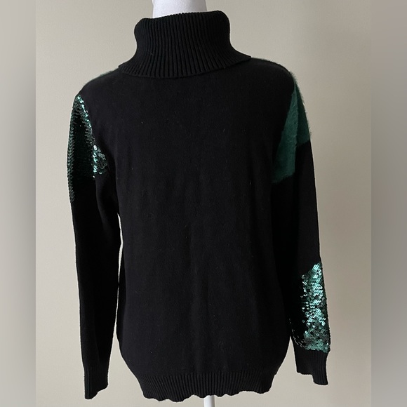 Alfani Black and Green Sequined Long Sleeves knitted Turtleneck Sweater EUC - Picture 6 of 10